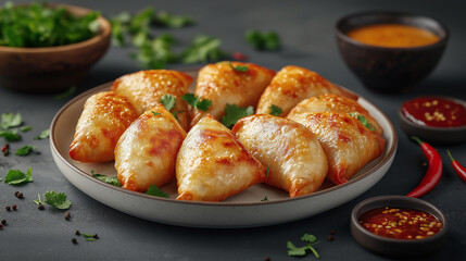 Golden Brown Samosas with Mint Chutney and Tamarind Sauce Surrounded by Fresh Chilies and Spices
