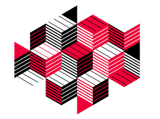Fototapeta premium Black and red geometric vector abstract background with cubes and shapes, isometric 3D abstraction art displaying city buildings forms look like, op art optical illusion.