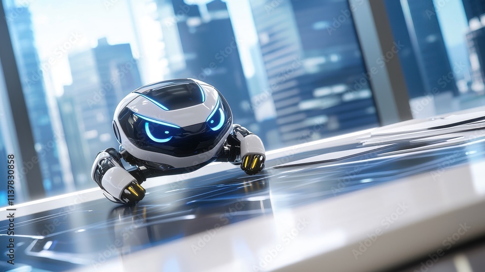 Aufkleber futuristic small robot with intense eyes in modern urban setting