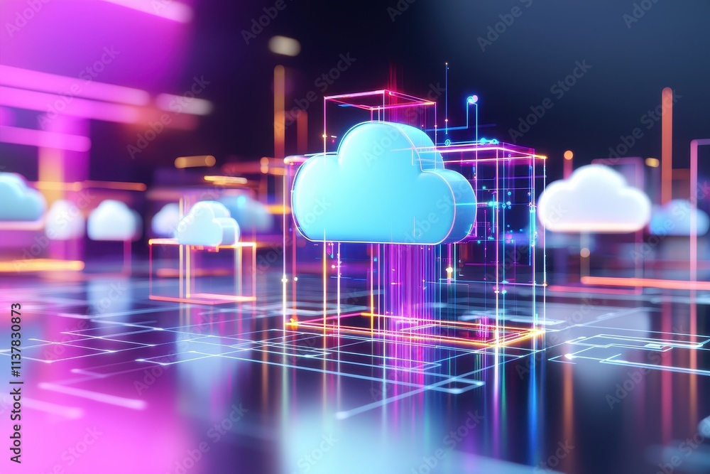 Poster Digital Cloud Computing Concept with Neon Lights and Data Cubes