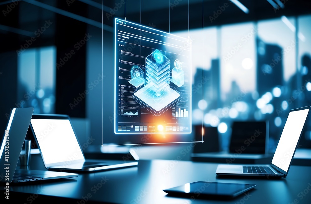 Aufkleber data-driven decisions: a futuristic office setting showcasing a digital data visualization hovering 