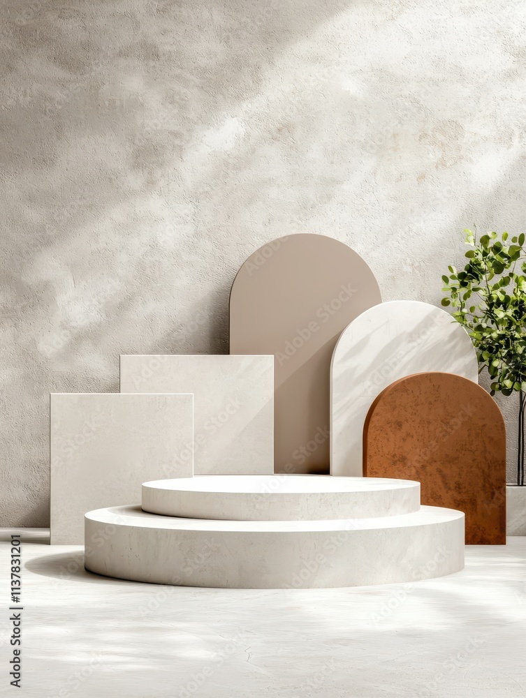 Poster minimalist display with geometric shapes and natural elements in soft tones and textures