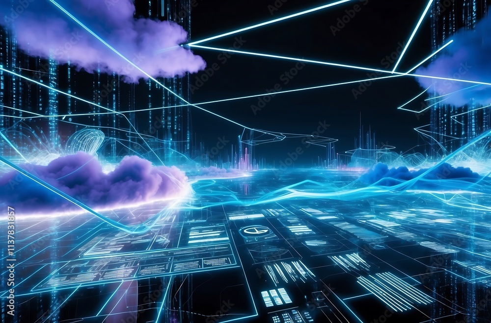 Aufkleber digital cloud network: futuristic landscape of interconnected data streams and cloud computing, glow