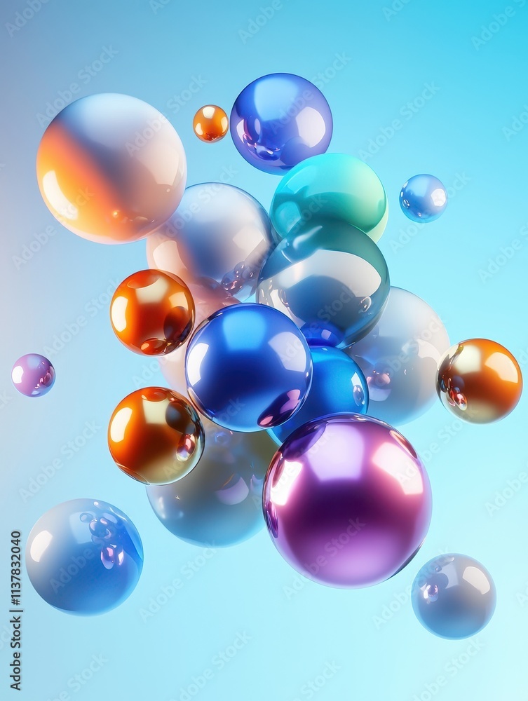 Poster Colorful Transparent Spheres Floating in a Bright Abstract Background with Gradient Shades