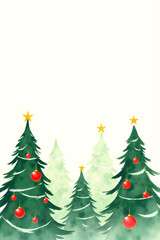 Fototapeta premium Whimsical Watercolor Christmas Trees with Red Ornaments and Yellow Stars on White Background