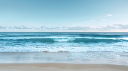 Fototapeta premium Serene Coastal Seascape: Tranquil Ocean Waves Rolling Onto a Sandy Beach Under a Calm Sky