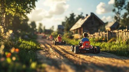 A quiet village scene with a group of kids riding homemade go-karts down a sloping dirt road