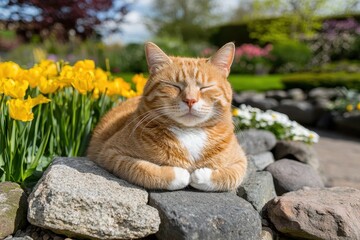 Relaxed Ginger Cat Resting on Stones in Blooming Garden Surrounded by Colorful Flowers