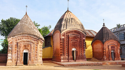 Scenic view of the group of terracotta temples in the Chhai Taraf Temple Complex, Maluti, Dumka, Jharkhand, India.
