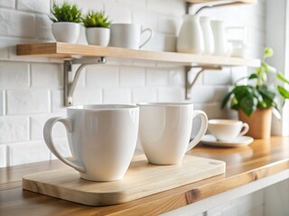 Obraz premium Stacked White Porcelain Mugs Kitchen Shelf - Cozy Home Decor Photography