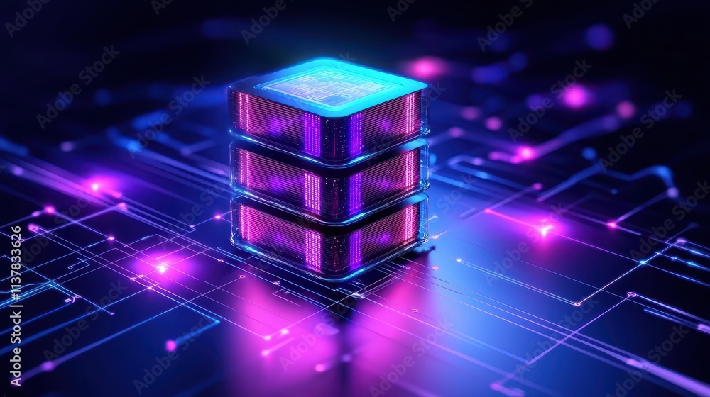 Aufkleber futuristic data server with glowing circuitry and neon lights