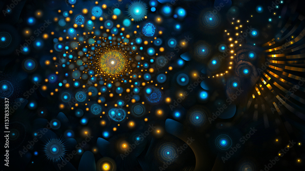 Poster an abstract composition of concentric circles and polygons dividing a dark canvas into glowing, inte