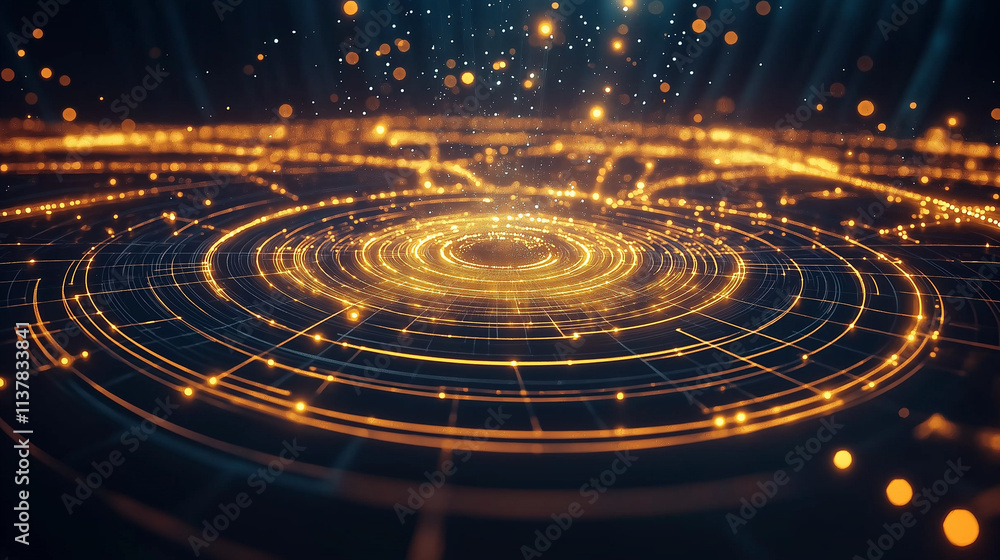 Poster an abstract composition of concentric circles and polygons dividing a dark canvas into glowing, inte