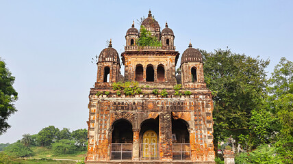 Fototapeta premium View of the ancient ruins of Raghunath Temple, a 15th-century structure in Kuchut, Bardhaman, West Bengal, India.