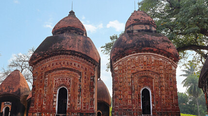 View of the twin terracotta Lord Shiva Temples, built in the 17th century and linked to the...