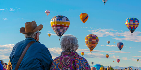 Fototapeta premium A old persons enjoying the freedom and fun of a hot air balloon journey, captured in a vibrant outdoor festival setting.