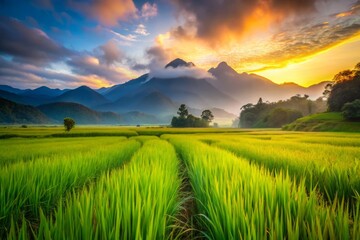 Naklejka premium Misty Mountain Rice Terraces: Serene Dawn Landscape Photography, Green Paddy Fields, Worm's Eye View Sunrise