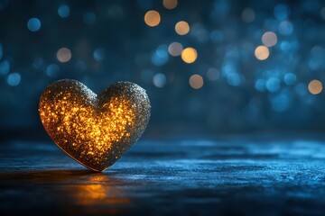 Fototapeta premium A golden heart-shaped ornament glows softly against a dark background, exuding warmth.