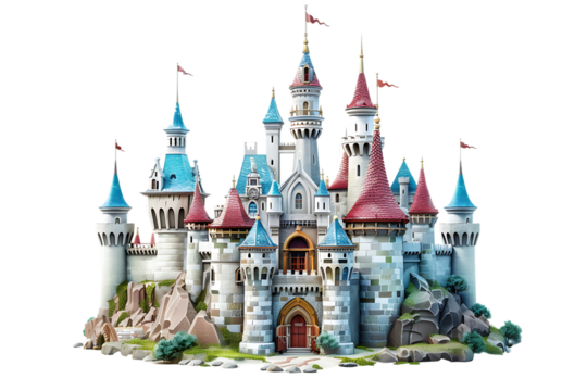 PNG of a 3D cartoon-style fairy tale castle isolated on a transparent background for fantasy or childrens story-themed visuals.