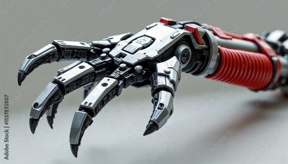 Poster high-tech robotic claw arm with red spring-like attachment in sleek industrial design