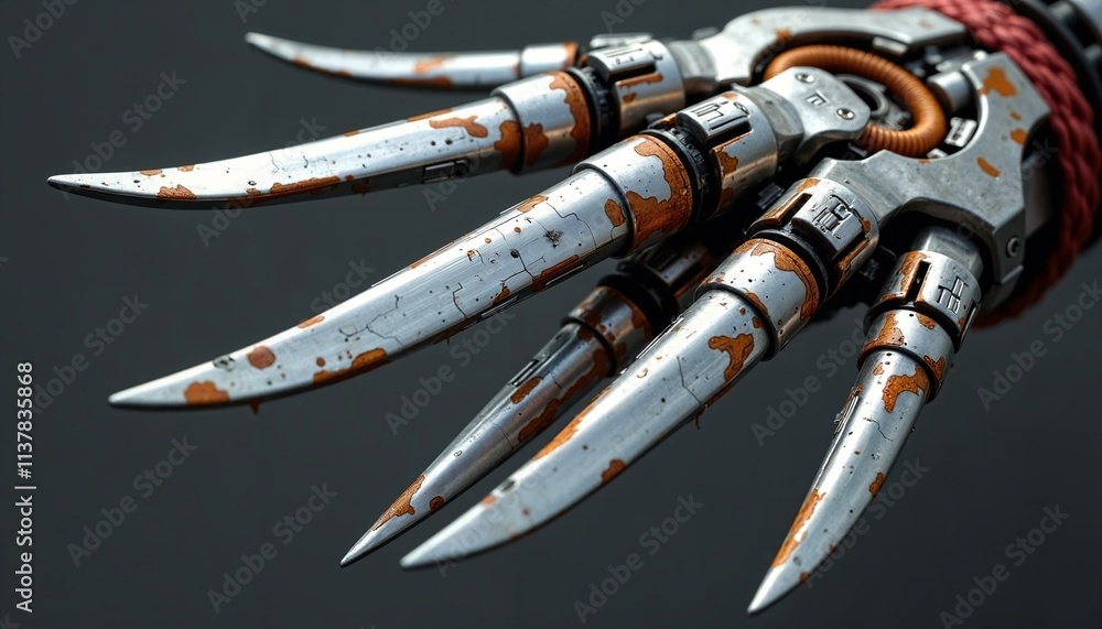 Poster futuristic robotic claw with intricate metallic details and red spiral cord in 3d rendering