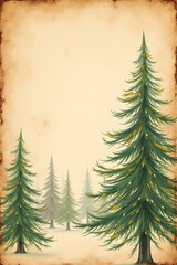Obraz premium Vintage Style Evergreen Forest Illustration on Aged Parchment Background with Gold Accents