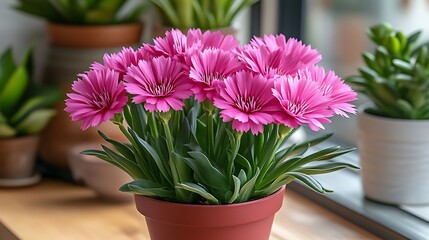 Pink Dianthus Flowers in a Brown Pot