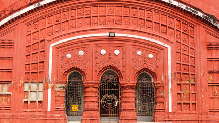 Ananda Bhairavi Temple entracnce closer look, built in 1763 by Zamindar Bireshwar Mitra Mustafi, Sukharia, Hooghly, West Bengal, India.