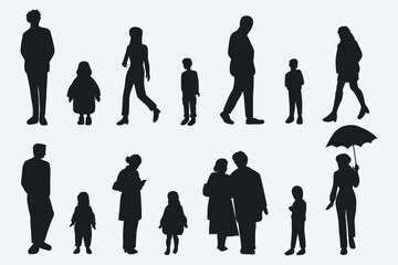 flat people silhouette male and female vector illustration in winter clothing concept isolated shadow set collection. For architecture rendering, design, info graphic, media