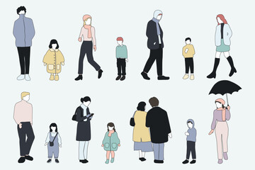 flat minimal people male and female vector illustration in winter clothing with outline concept isolated set collection. For architecture rendering, graphic design, info graphic, media
