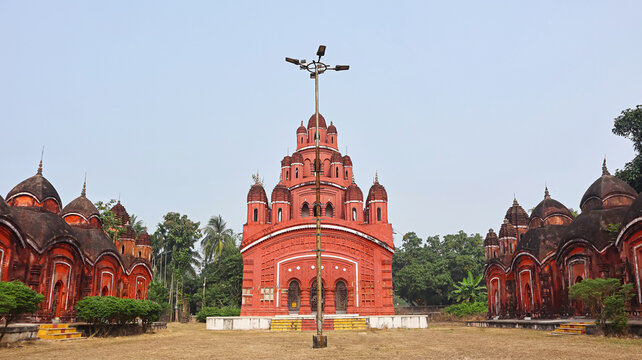 Ten aatchala temples and two pancha-ratna temples flank the Ananda-Bhairavi Temple, Sukharia, Hooghly, West Bengal, India.