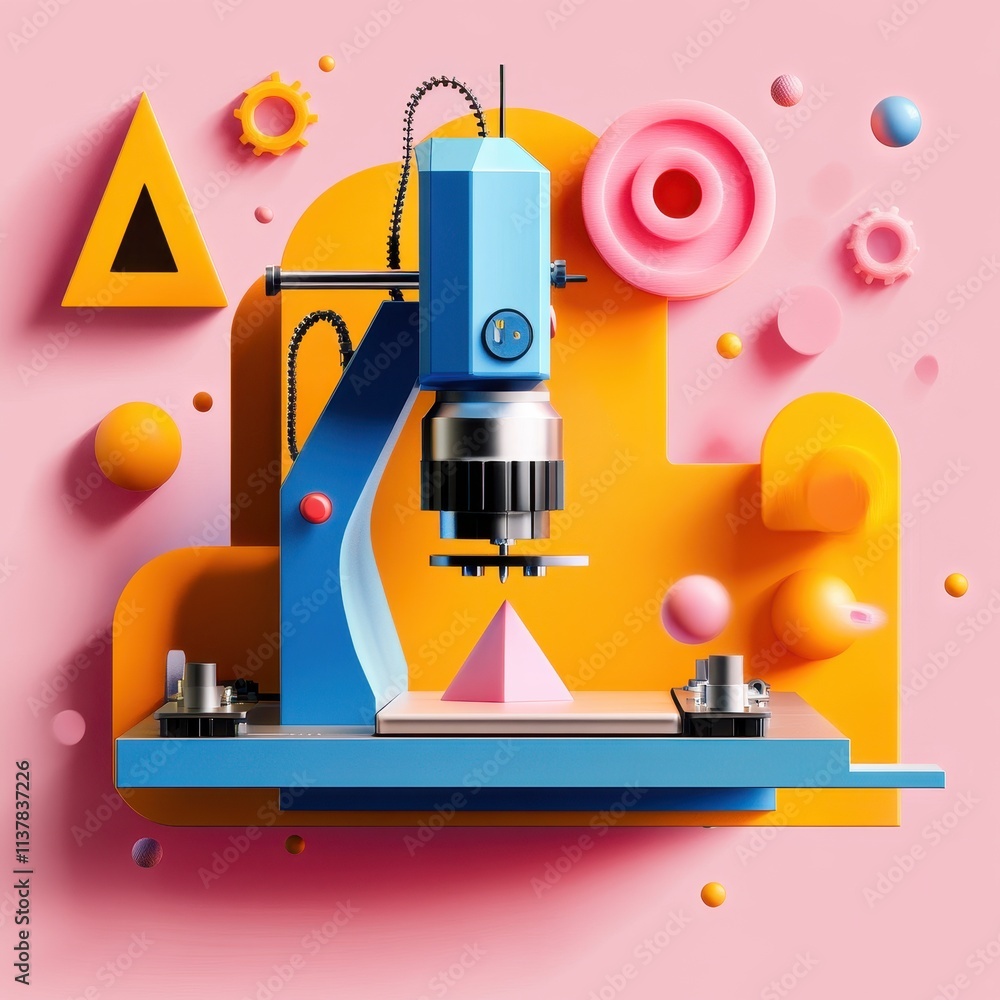 Poster modern cnc machine on colorful geometric background in studio