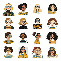 A set of romantic portraits of women for avatars. A group of office staff face drawings. AI-generated clipart