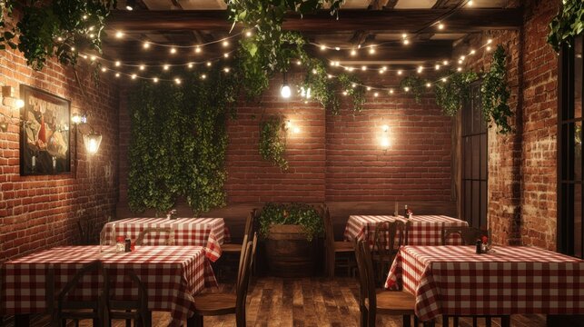 A rustic Italian trattoria with exposed brick walls - Powered by Adobe