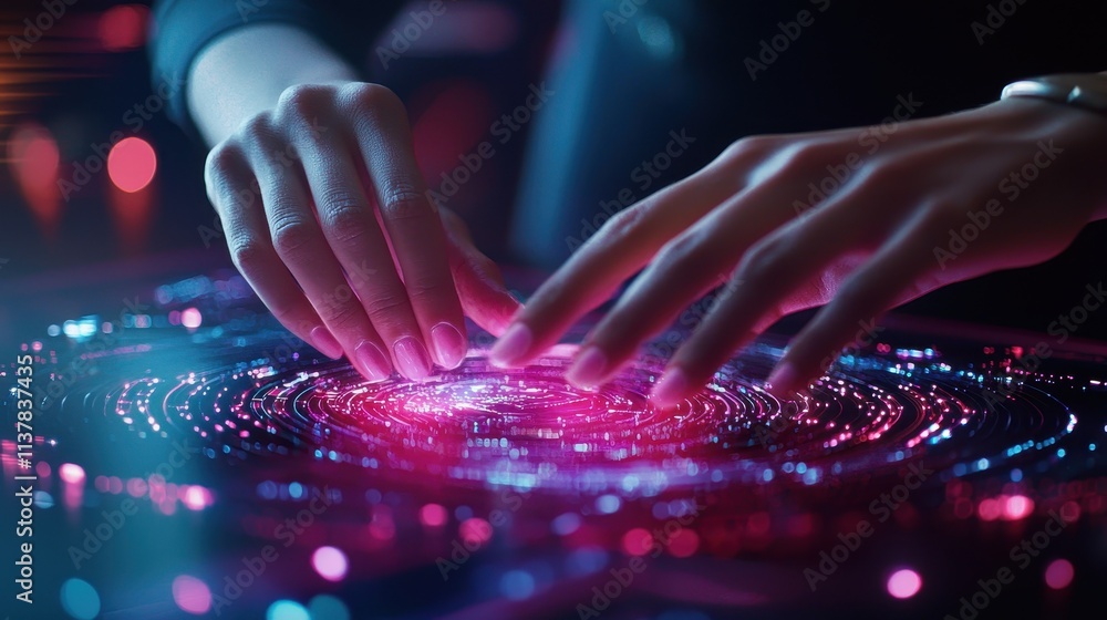Poster futuristic hands interacting with holographic interface in a colorful digital space
