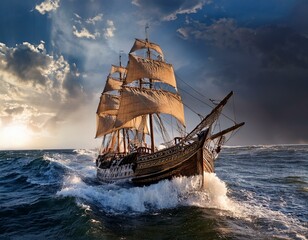Fototapeta premium Ancient Sailing Ship in a Storm