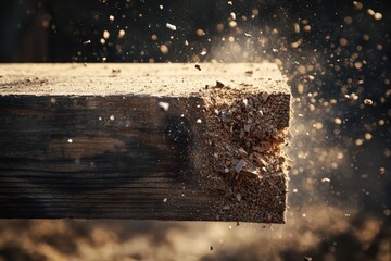 A wooden beam splitting down the middle, with pieces falling off and disintegrating into dust, space for text.