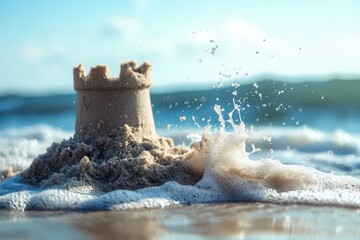 A fragile sandcastle breaking apart as waves crash against it, with sand dissolving into the water, space for text.