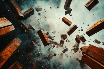 A rusted metal structure falling apart under pressure, with pieces of rusted steel disintegrating, space for text.