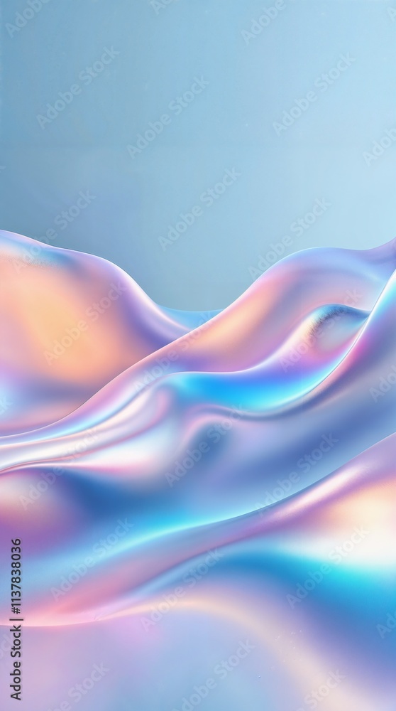 Poster a 3d rendered abstract background featuring a wavy, iridescent shape, featuring a dynamic, swirling 