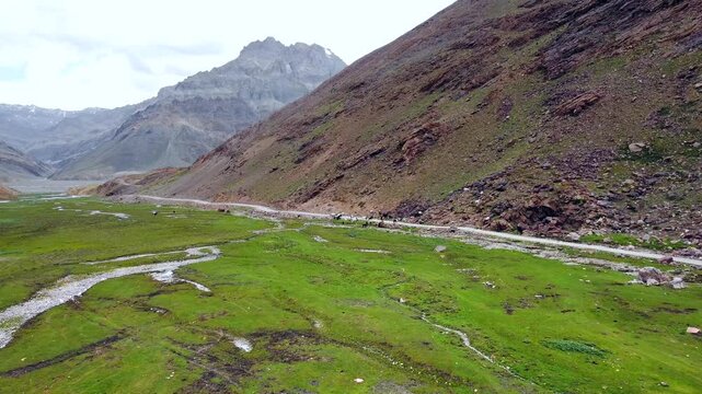 Beautiful view of himalayan mountain and spiti river at dhar nimaloksa in spiti, gramphu-batal-kaza road himachal pradesh, India