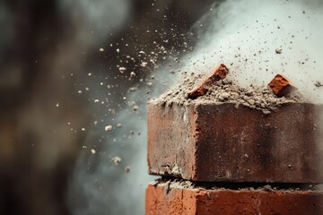 A collapsing pillar of bricks, with mortar turning to powder and disintegrating, space for text.