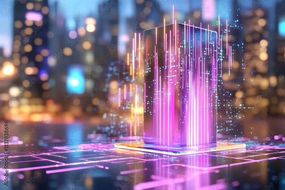 Poster futuristic digital cityscape with colorful data visualization and abstract light effects
