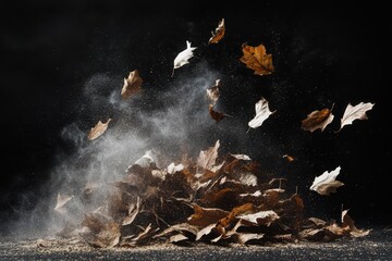 A pile of decaying leaves disintegrating into dust as the wind blows them away, space for text.