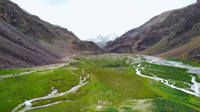 Beautiful view of himalayan mountain and spiti river at dhar nimaloksa in spiti, gramphu-batal-kaza road himachal pradesh, India