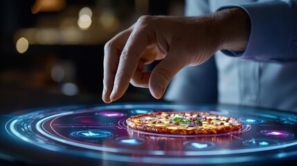 Fototapeta premium Hand Reaching for Virtual Pizza on Interactive Digital Table