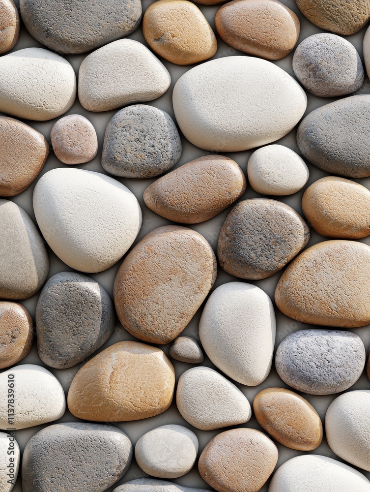 Poster smooth river stones in various shapes and colors arranged aesthetically for background use