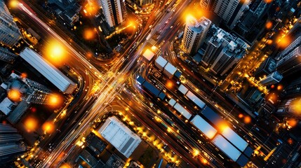 Fototapeta premium Aerial View of Urban Intersection with Traffic and City Lights