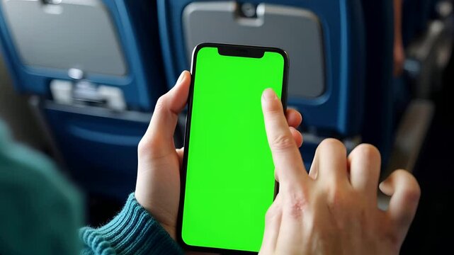 Smartphone with Green Screen Display in Airplane Passenger Cabin: Mobile Device Mockup for Digital Content Presentation During Air Travel