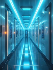 Fototapeta premium Futuristic gym locker with glowing LED panels on each door, set in high-tech gym. Blue and white lighting reflects modern design, creating a sci-fi aesthetic ideal for promoting advanced fitness tech.